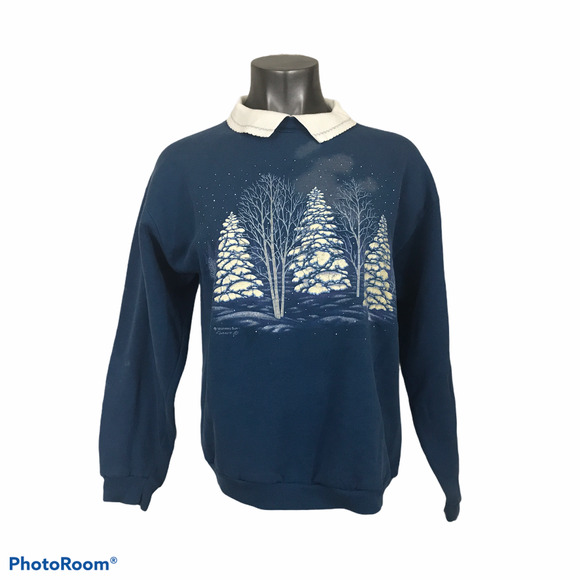 Vintage Morning Sun Women's Sweatshirt Cottage Core Winter Blue Collared Medium - Picture 1 of 7